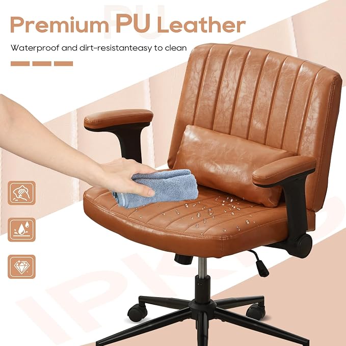 IPKIG Criss Cross Chair with Adjustable Flip-up Arms, Vanity Chair with Wheels, Comfy Desk Chair with Lumbar Pillow Swivel Wide Office Chair for Home Office, Bedroom (PU Leather, Brown)