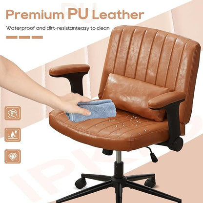 IPKIG Criss Cross Chair with Adjustable Flip-up Arms, Vanity Chair with Wheels, Comfy Desk Chair with Lumbar Pillow Swivel Wide Office Chair for Home Office, Bedroom (PU Leather, Brown)