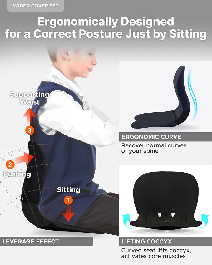 curble Wider – Ergonomic Desk Chair Seat Cushion, Everyday Passive Posture Trainer for Work from Home, Office & Car, Breathable Lumbar Support (Black)