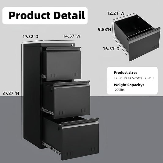 Guizeeopo Metal File Cabinet with Lock, Vertical 3 Drawer File Cabinets for Home Office, Heavy Duty Office Storage Cabinet for A4/Letter/Legal Size, Assembly Required(Black)