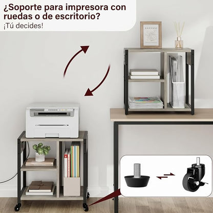 Garvee 3-Tier Printer Stand, Rolling Under Desk Printer Cart with Lockable Wheels, Industrial Mobile Printer Table with Power Outlets, USB Ports & Paper Storage Shelf for Home, Office, Retro Gray