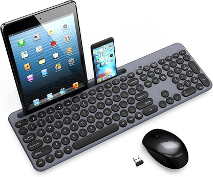 LeadsaiL Wireless Keyboard and Mouse Combo, Full-Sized Ergonomic Computer Keyboard with Phone Tablet Holder, 2.4GHz Silent Cordless Keyboard Mouse Set for Windows Laptop, PC, Desktop - Grey