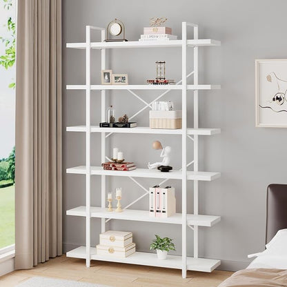HSH 6 Tier Tall White Bookshelf, Industrial Modern Vertical Metal and Wood White Bookcases 6 Shelf,Farmhouse Open Large Storage Book Shelves & Display Book Shelf for Bedroom Living Room Office