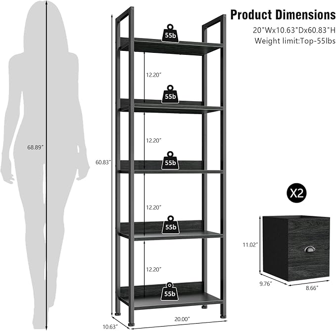 Furologee 5-Tier Bookshelf Set of 2, Tall Bookcase with 2 Drawers and Shelves, Industrial Display Free Standing Shelf Units, Storage Rack Organizer for Bedroom, Living Room, Home Office, Black Oak