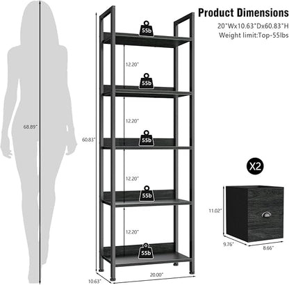 Furologee 5-Tier Bookshelf Set of 2, Tall Bookcase with 2 Drawers and Shelves, Industrial Display Free Standing Shelf Units, Storage Rack Organizer for Bedroom, Living Room, Home Office, Black Oak