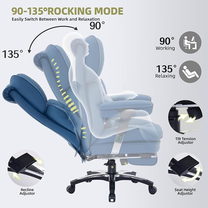 Efomao Big & Tall Desk Chair, Wide Executive Office Chair with Footrest Blue-LL
