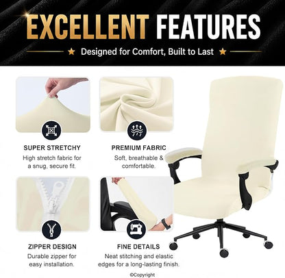 DIVA EN CAMINO DEC Stretch Computer Office Chair Cover with Armrest Covers Durable Zipper Universal Spandex Rotating Boss Chair Slipcovers Anti-dust Soft Desk Chair Seat Protector, Cream