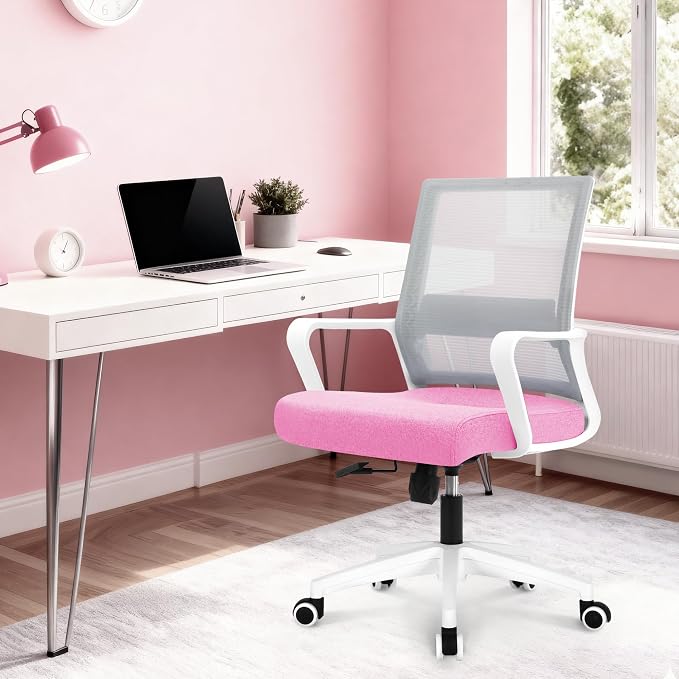 NEO CHAIR Office Desk Chair Gaming Computer Chair Ergonomic Mesh Mid Back with Rolling Wheels Lumbar Support Comfy Swivel Adjustable for Home (Pink)