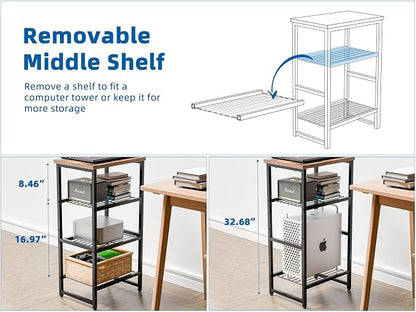 Industrial 3 Tier Printer Stand, Home Printer Wood Table with Wire Storage Shelf for Scanner Fax Machine, Heavy Duty Metal, Rustic Brown with Burly Wood Board