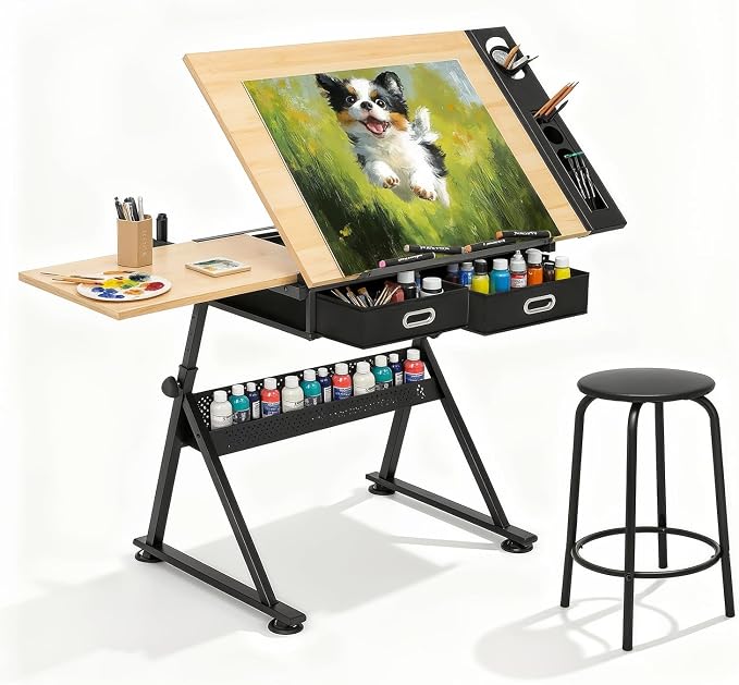Magshion Professional Drafting Table for Adults w/Stool, Tilting Wooden Tabletop & Adjustable Height, Art Craft Desk Watercolor Painting Sketching Work Station for Studio Home Office School (Natural)