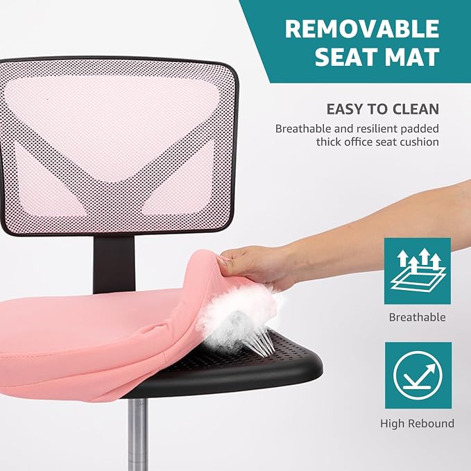 OLIXIS Armless Office Chair, Ergonomic Desk Chair with Wheels, Mesh Back, Removable Washable Foam Cushion, Height Adjustable Rolling Swivel Chairs for Small Space, Home, Office, Pink