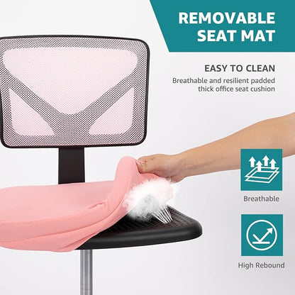 OLIXIS Armless Office Chair, Ergonomic Desk Chair with Wheels, Mesh Back, Removable Washable Foam Cushion, Height Adjustable Rolling Swivel Chairs for Small Space, Home, Office, Pink