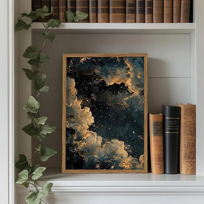 Dark Academia Cloud Wall Art, Vintage Moody Celestial Canvas Wall Decor Paintings, Maximalist Gold Night Sky Stars Aesthetic Posters Prints Pictures for Living Room Bedroom Home Decor 12x16 In Framed
