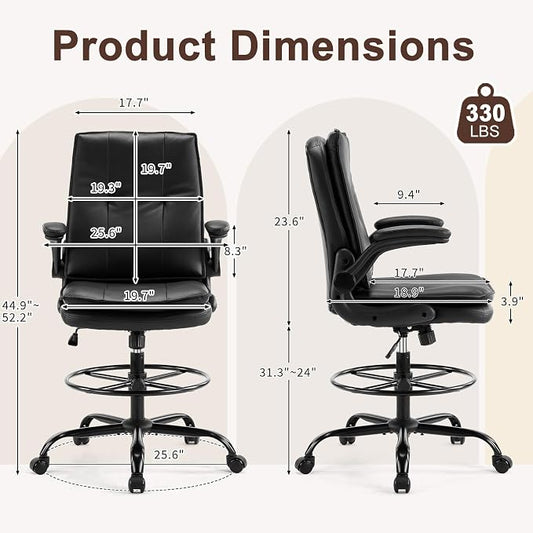 Karl home Tall Drafting Chair, Faux Leather Black | 330Lbs Capacity, Tall Office Chair for Standing Desk, Adjustable Height with Foot Ring, Flip-Up Armrests, PU Executive Chair