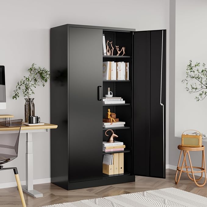 72"H Metal Storage Cabinets, Tall Locking Garage Cabinet with 2 Doors and 5 Adjustable Shelves, Steel Utility Tool Caninet, Black Lockable Outdoor Storage Cabnet for Pantry, Garage, Home Office