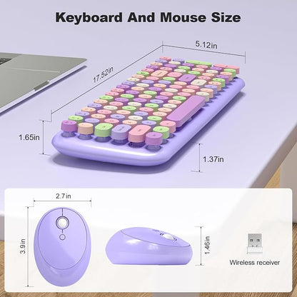 Wireless Keyboard and Mouse Combo, 2.4GHz Wireless Retro Keyboard and Mouse for PC/Laptop/Desktop/Windows (Purple Colorful)