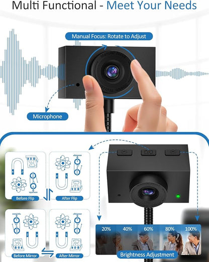 Webcam for PC, 2K Streaming Camera, Web Camera for Desktop/Laptop Computer Webcam with Microphone, Plug and Play USB Web Cam with Bracket, Manual Focus, for Live Streaming, Video Calls (Black, 2K)