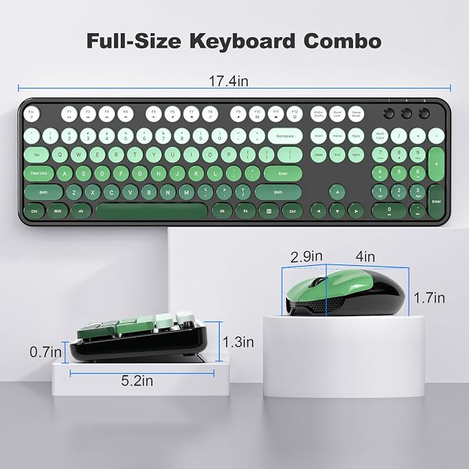 Wireless Keyboard and Mouse Combo, MOWUX Full Size Typewriter Retro Round Computer Keyboard, Cute Optical Mouse Wireless, Plug and Play, for Laptop, PC, Computer-Green Gradient Colorful