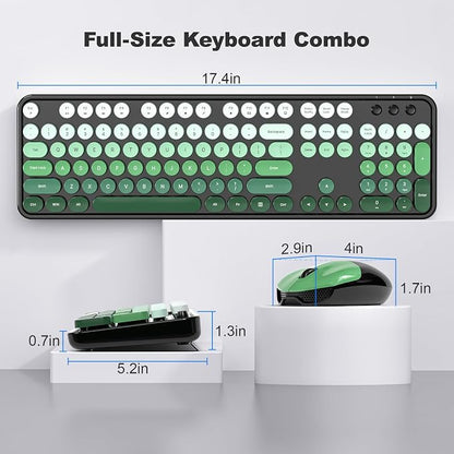 Wireless Keyboard and Mouse Combo, MOWUX Full Size Typewriter Retro Round Computer Keyboard, Cute Optical Mouse Wireless, Plug and Play, for Laptop, PC, Computer-Green Gradient Colorful
