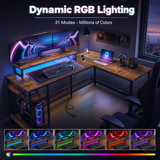 DEVAISE Full-Size 60" L Shaped Gaming Desk with LED Lights and Power Outlets - Reversible Corner Computer Table with Monitor Stand and Storage Shelves for Work and Gaming, Rustic Brown