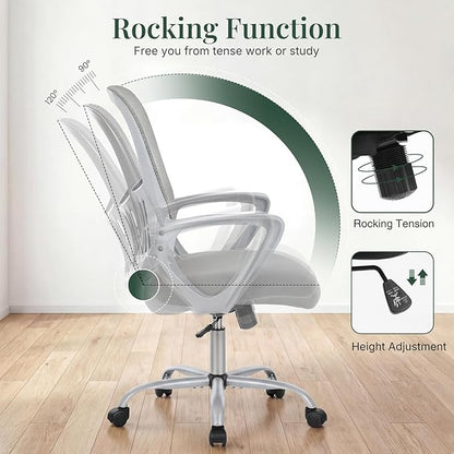 Home Office Desk Chair, Ergonomic Mid-Back Mesh Computer Task Chair with Comfortable Lumbar Support, Height Adjustable Swivel with Fixed Armrest for Adults, Student, Grey