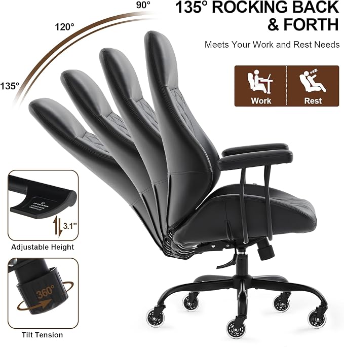 Office Chair with Rubber Wheels, Ergonomic Computer Chair 500 lbs, Leather Desk Chair with Lumbar Support, Executive Chair Adjustable Height & Recline, Black | Ergonomic, Lumbar Support, 360° Swivel & Rolling Wheels, Adjustable Height, for Adults & Women