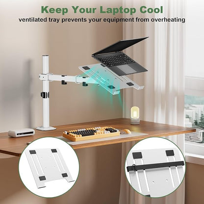 UPGRAVITY White Laptop Desk Mount with Vented Tray for Notebook up to 17 inch, Fully Adjustable Single Laptop Arm Stand Holds up to 17.6 lbs, Clamp on/Grommet Mounting