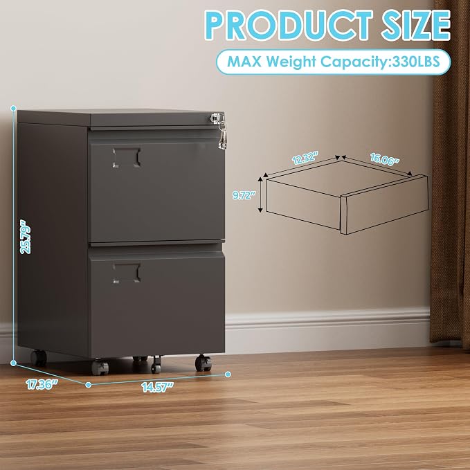 SUXXAN 2 Drawer Mobile File Cabinet with Lock, Heavy Duty Steel Under Desk Filing Cabinet for Letter/Legal Size, Anti-Tip Design with 5 Casters, Metal Storage Organizer for Home Office