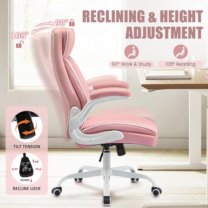 Leather Office Chair, Computer Desk Chair with Lumbar Support,Height Adjustment, Comfortable Excutive Task Chairs 400lbs with Padded Flip-up Armrests, Pink