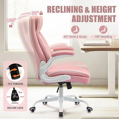 Leather Office Chair, Computer Desk Chair with Lumbar Support,Height Adjustment, Comfortable Excutive Task Chairs 400lbs with Padded Flip-up Armrests, Pink