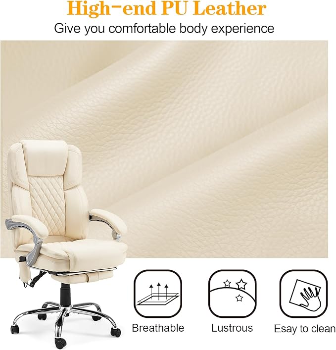 HOMREST Executive Office Chair with Footrest, 6-Point Massage Office Chair with Reclining Backrest, Heated Leather Computer Chair for Home Office(Cream)