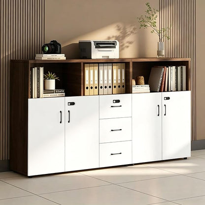 File Cabinet with Password Lock, Wood Lateral Filing Cabinet for Letter/A4 Files, 3 Drawer with Door, Printer Stand with Open Shelves for Home Office
