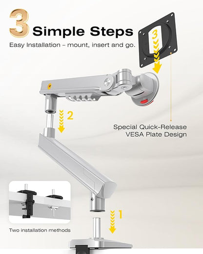 NB SmooVex™ Single Computer Monitor Mount, Monitor Stand fits up to 32 Inch, Mechanical Spring Monitor Arm, VESA 75/100 mm, Model-A5 (Silver)