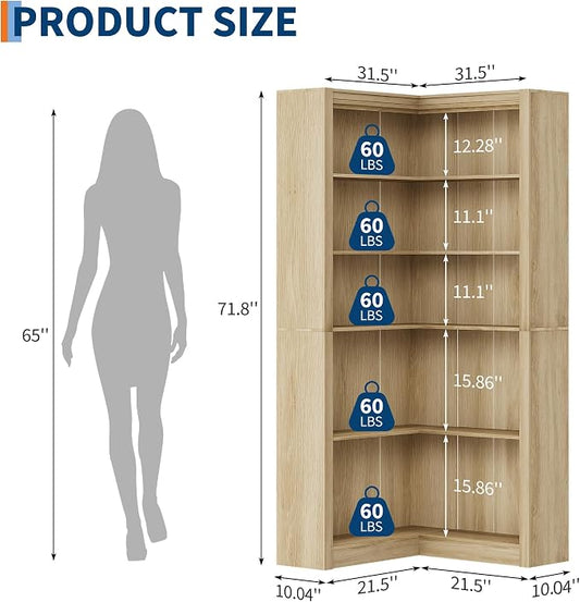 GarveeHome Corner Bookshelf, 71.8 in Farmhouse Corner Bookcase, L-Shaped Bookshelf Large Bookcase, 5 Tier Display Shelf Heavy Duty Bookcases, Bookshelves with Storage (Light Wood)