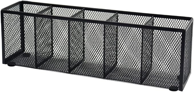 Black Mesh Pen Pencil Holder, Small Metal Desk Organizer Desktop Stationery Office Supplies Acessories Storage Stand, 5 Compartments Brushes Holder for Home School Classroom Teachers