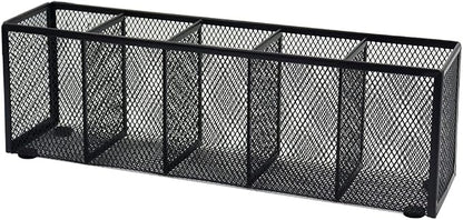 Black Mesh Pen Pencil Holder, Small Metal Desk Organizer Desktop Stationery Office Supplies Acessories Storage Stand, 5 Compartments Brushes Holder for Home School Classroom Teachers