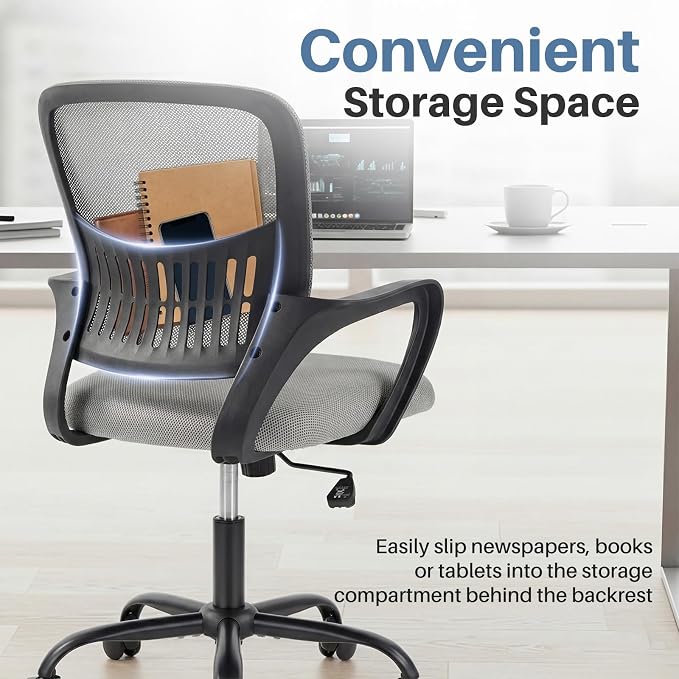 DUMOS Home Office Chair - Ergonomic Mid Back Mesh Desk Chair with Lumbar Support & Rocking Mode, Height Adjustable, Fixed Armrest, for Conference, Computer, 360° Swivel, Adults, Grey