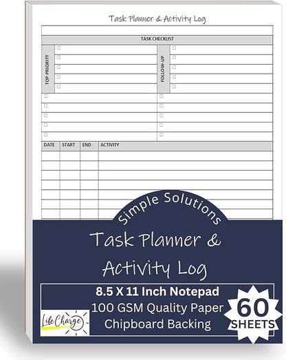 Task Planner & Activity Log Notepad for Work, Daily To Do List with Checklist, Time Tracking & Notes, 60 Pages, 8.5 x 11 Letter, Portrait – Life Charge