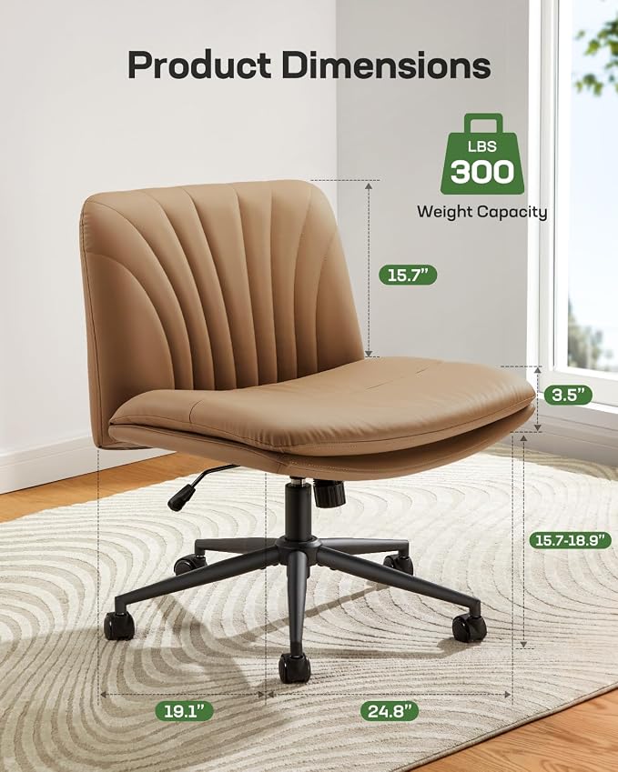 Marsail Armless-Office Desk Chair with Wheels: PU Leather Cross Legged Wide Chair,Comfortable Adjustable Swivel Computer Task Chairs for Home,Office,Make Up,Small Space,Bed Room, Brown