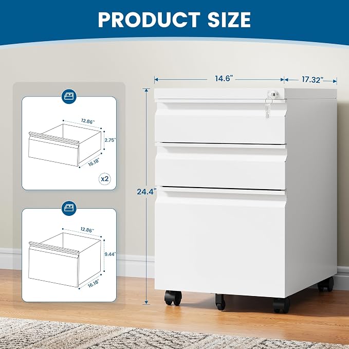 PEUKC 3 Drawers Mobile File Cabinet with Lock, Under Desk Rolling File Cabinet for Home Office, Organizes Letter Legal A4 Files, White(Assembly Required)