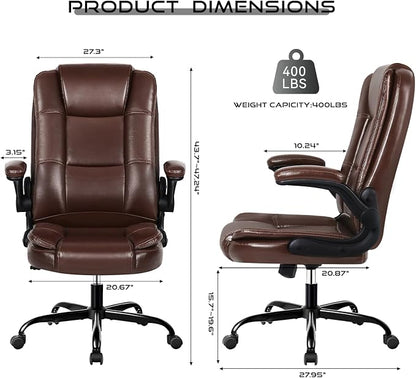VITESSE Ergonomic Office Chair with Flip-up Armrests, Big and Tall Leather Executive Office Chair, High Back Lumbar Support Home Computer Desk Chair, Heavy and Duty Computer Chair (Brown)