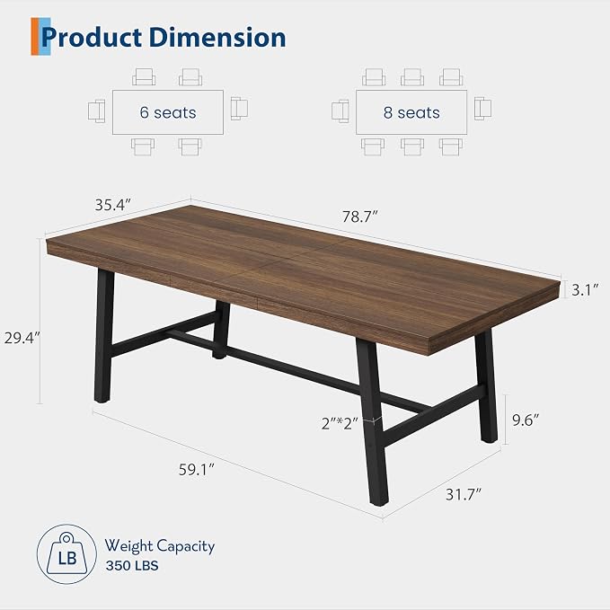 GarveeHome Industrial Dining Table for 6-8 People, 78.7" Long Large Kitchen Table with Sturdy Metal Frame, Rectangular Counter for Dinner, Kitchen, Dining Room (Brown, 79" Non-extendable)