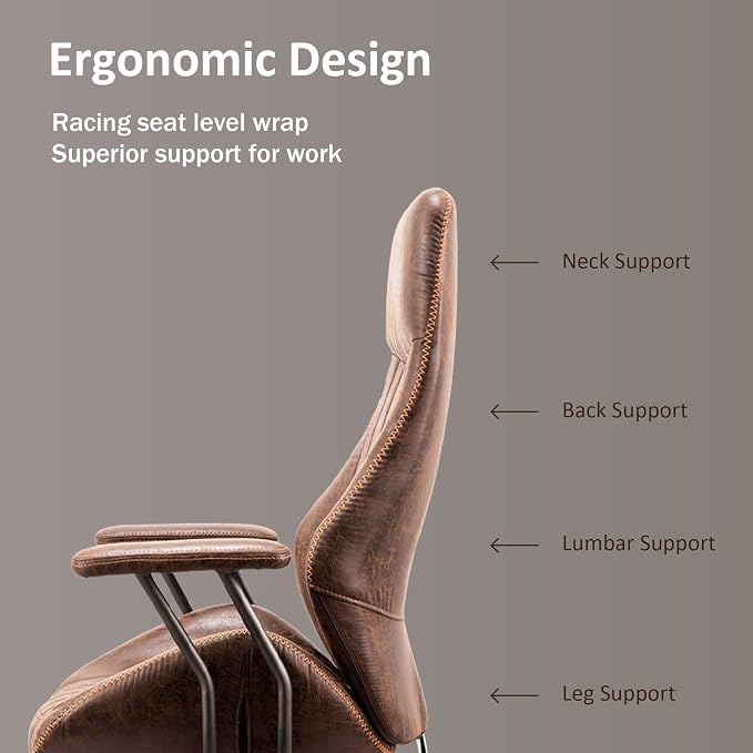 High Back Home Office Chair, Mid Century Vintage Executive Chair,Comfy Ergonomic Rolling Office Task Chair with Lumbar Support,Brown Faux Leather Office Chair,Dark Brown
