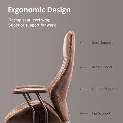 High Back Home Office Chair, Mid Century Vintage Executive Chair,Comfy Ergonomic Rolling Office Task Chair with Lumbar Support,Brown Faux Leather Office Chair,Dark Brown