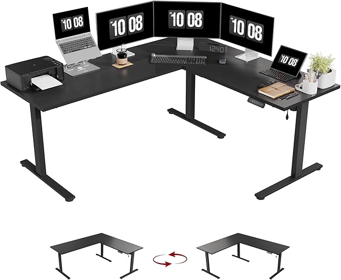 SANODESK Electric Corner L-Shaped 71 x 63 in Standing Desk, Memory Height Adjustment, Black Top Black Frame