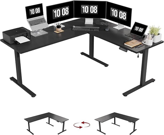 SANODESK Electric Corner L-Shaped 71 x 63 in Standing Desk, Memory Height Adjustment, Black Top Black Frame