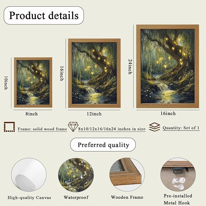 CXQILVER Vintage Enchanted Forest Framed Canvas Wall Art, Mystical Willow Tree and Glowing Butterflies Landscape Painting, Dark Cottagecore Nature Wall Decor for Bedroom Living Room Bathroom 8x10in
