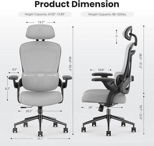 Sweetcrispy Office Ergonomic Desk Chair, 300 LBS Home Mesh Chairs with Wheels, 2D Headrest, Up&Down Lumbar Support, Swivel High Tall Back Computer with Flip-up Armrests, Dark Grey