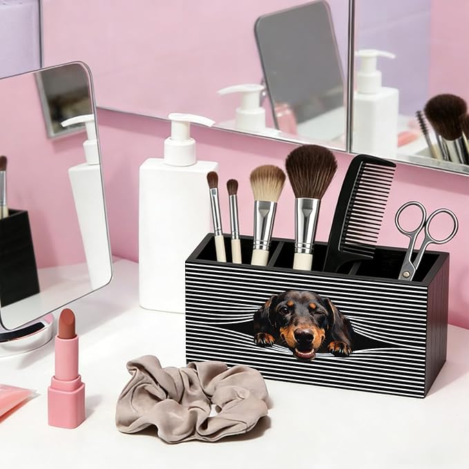 Funny Dachshund Pen Pencil Holder for Desk, Dachshund Gifts for Women Men, Weiner Dog Gifts, Dog Office Decor Wooden Box Sign Decorations for Home Office Bedroom Desk Tabletop