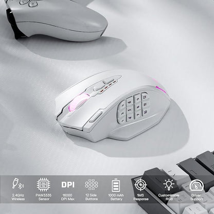 Redragon M913 Impact Elite Wireless Gaming Mouse, 16000 DPI Wired/Wireless RGB Mouse with 16 Programmable Buttons, 45 Hr Battery and Pro Optical Sensor, 12 Side Buttons MMO Mouse